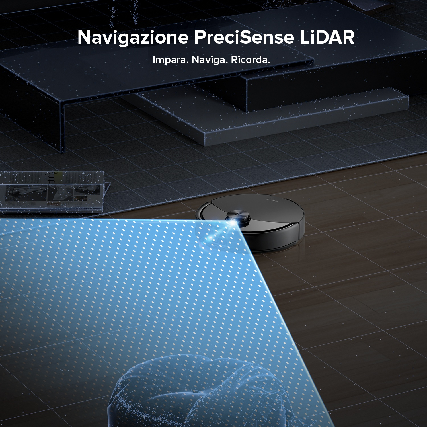 Un robot aspirapolvere naviga con tecnologia LiDAR su un pavimento scuro.