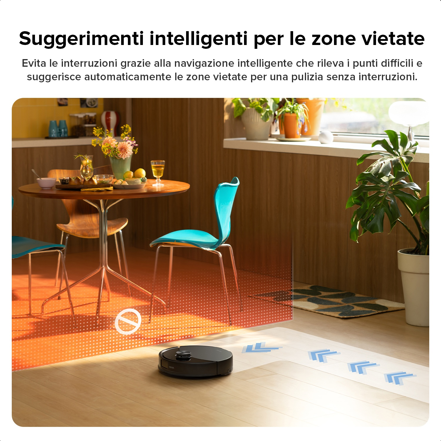 Un robot aspirapolvere si avvicina a un muro virtuale in una sala da pranzo.