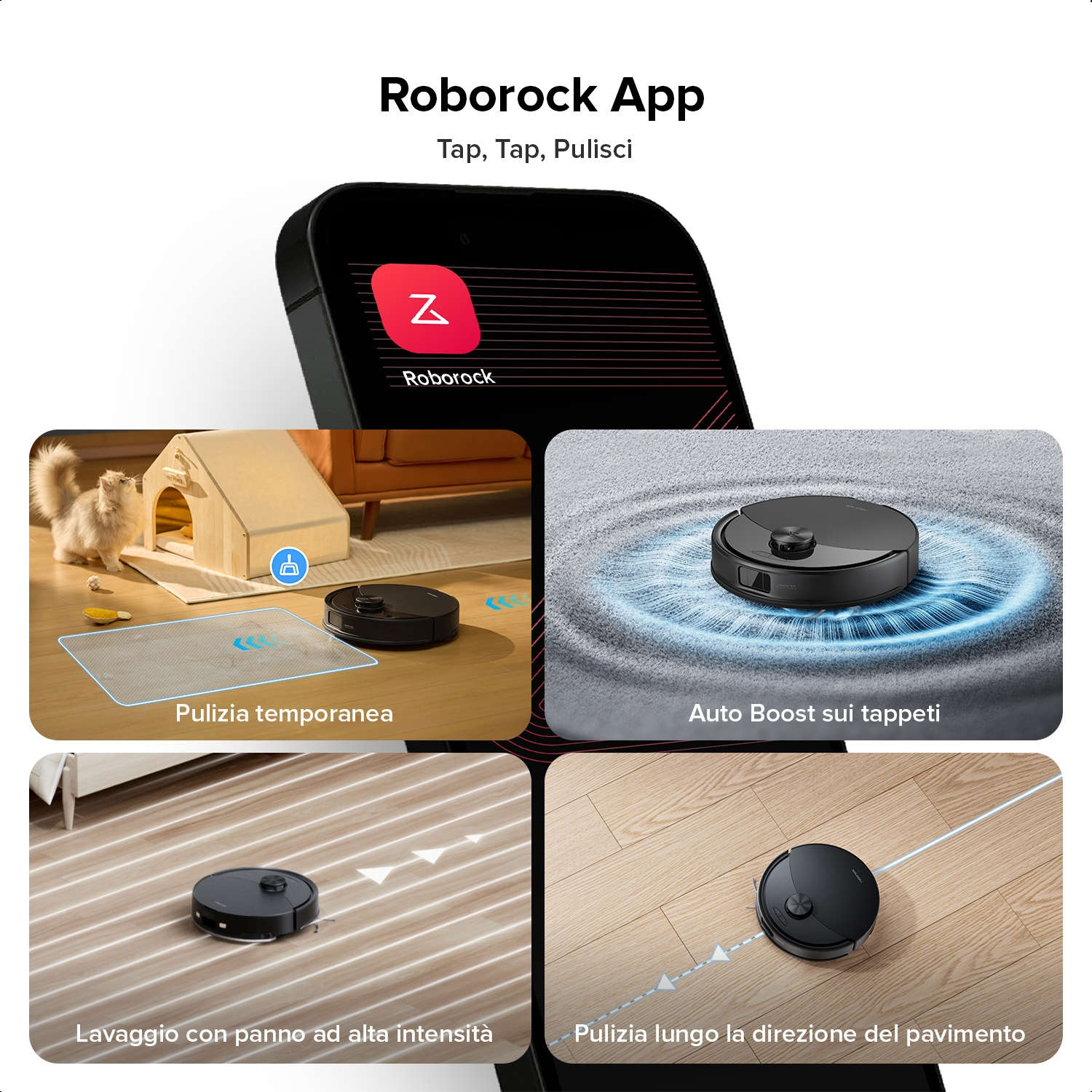 App Roborock mostra robot aspirapolvere in azione: boost tappeti, lavaggio, pulizia temporanea.