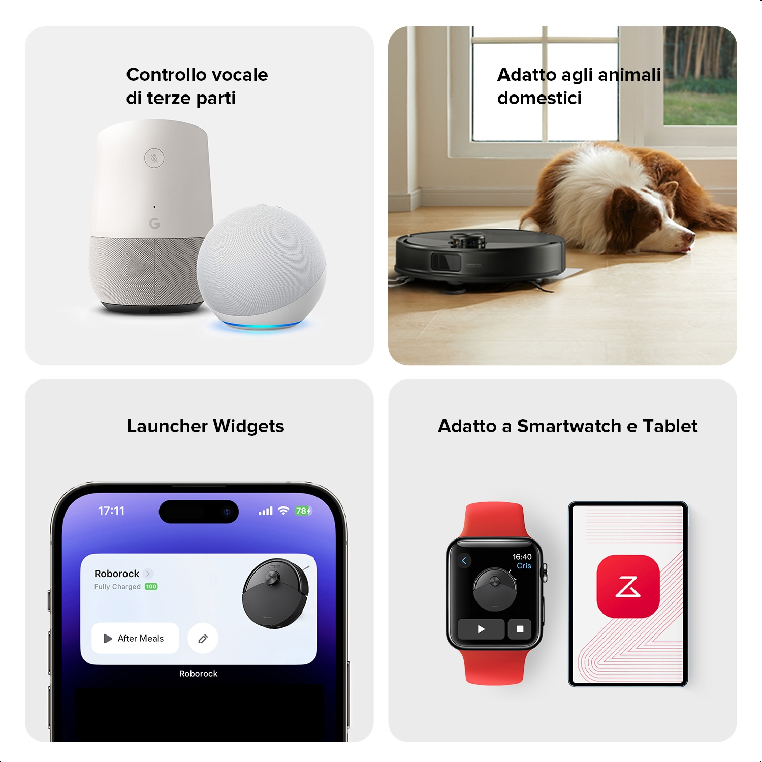 Due assistenti vocali, un robot aspirapolvere con cane, widget smartphone e app smartwatch.