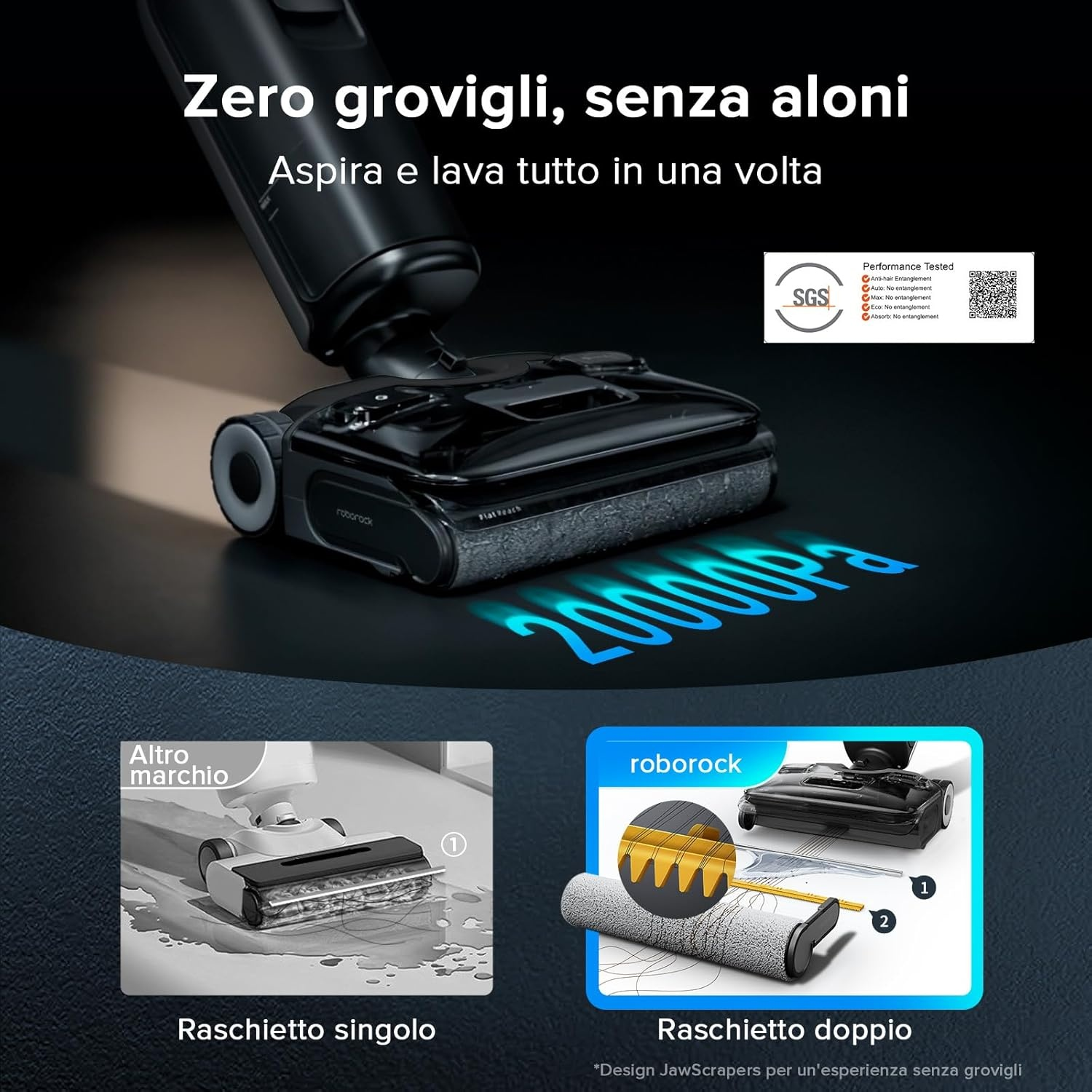 Un aspirapolvere bagnato/asciutto nero con indicatori blu 20000Pa. Confronto con un altro marchio a sinistra.