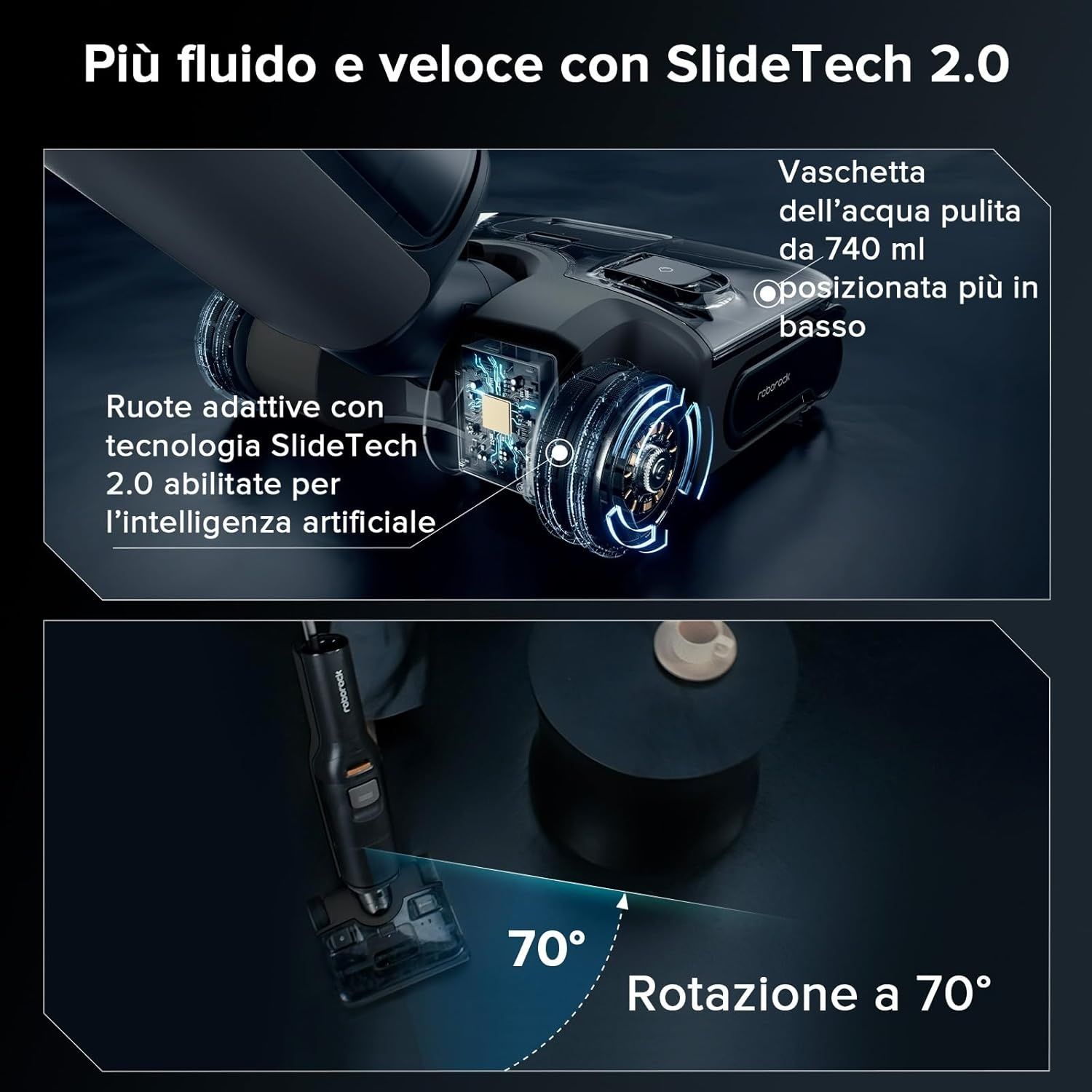 Robot con ruote adattive, serbatoio 740 ml, rotazione 70°.
