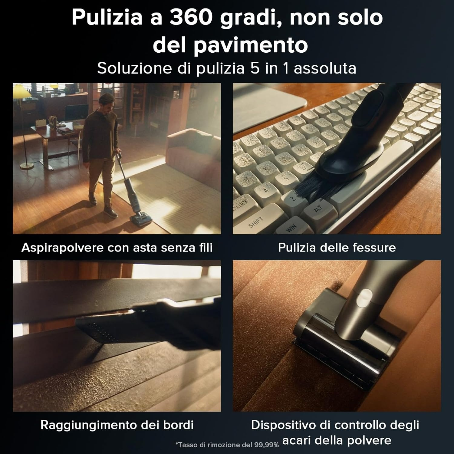 Quattro immagini mostrano usi aspirapolvere: uomo aspira pavimento, spazzola pulisce tastiera, bordo, tessuto.