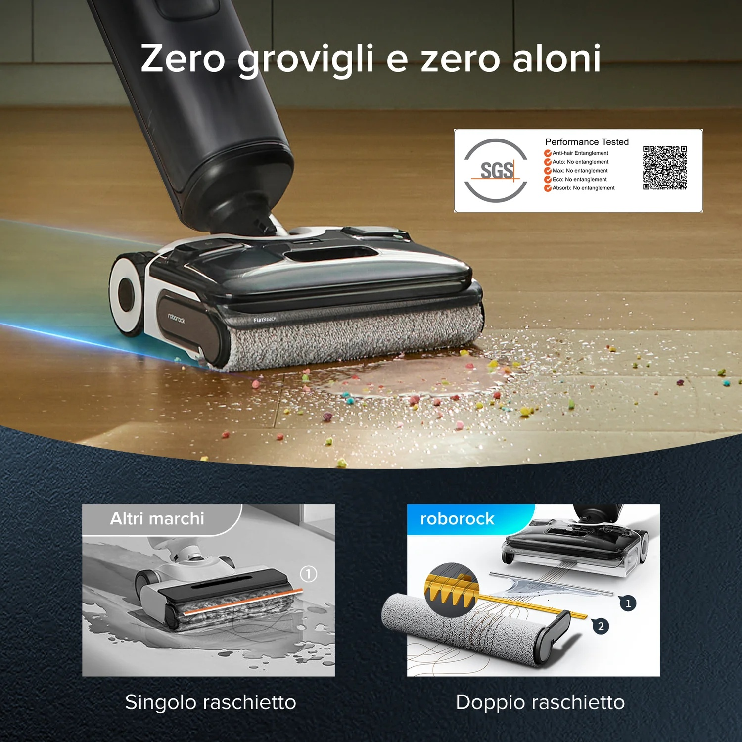 Un aspirapolvere bagnato/asciutto pulisce un pavimento in legno con detriti colorati. Immagini comparative a lato.