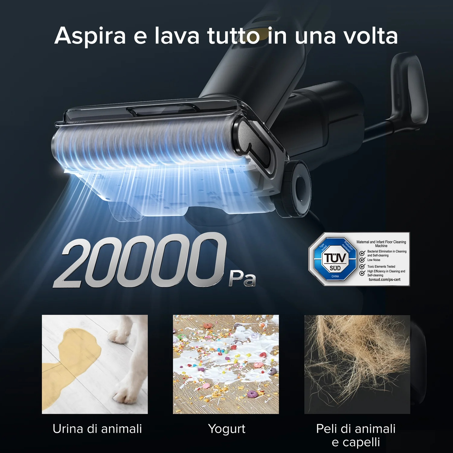 Un aspirapolvere da 20.000 Pa aspira e lava. Mostra urina di animali, yogurt e peli.