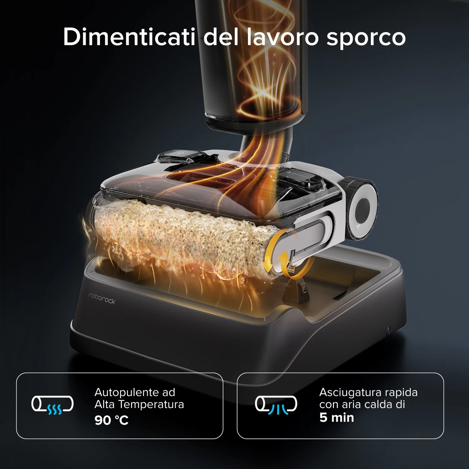 Robot lavapavimenti con autopulizia a 90°C e asciugatura rapida.