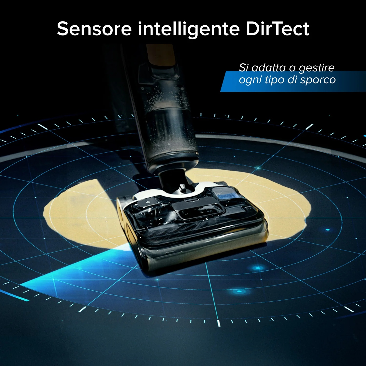 Una testina di aspirazione nera con sensori su uno sfondo circolare blu.
