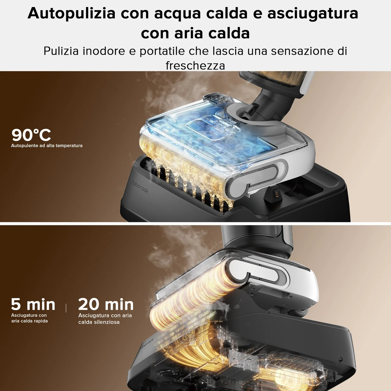 Il pulitore mostra la funzione autopulente a 90°C sopra e l'asciugatura ad aria calda sotto.
