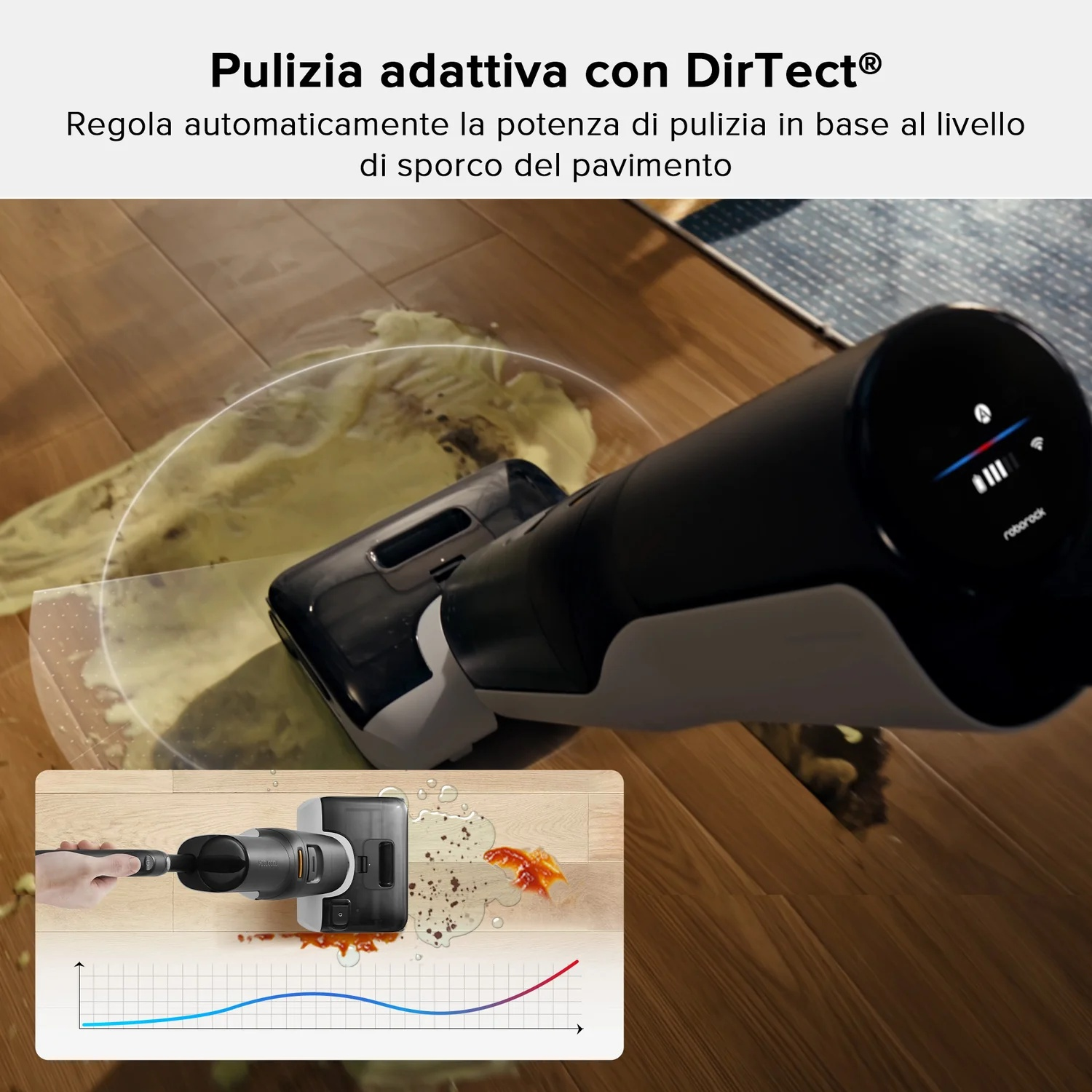 Un aspirapolvere pulisce un pavimento in legno sporco. Un grafico mostra la potenza.