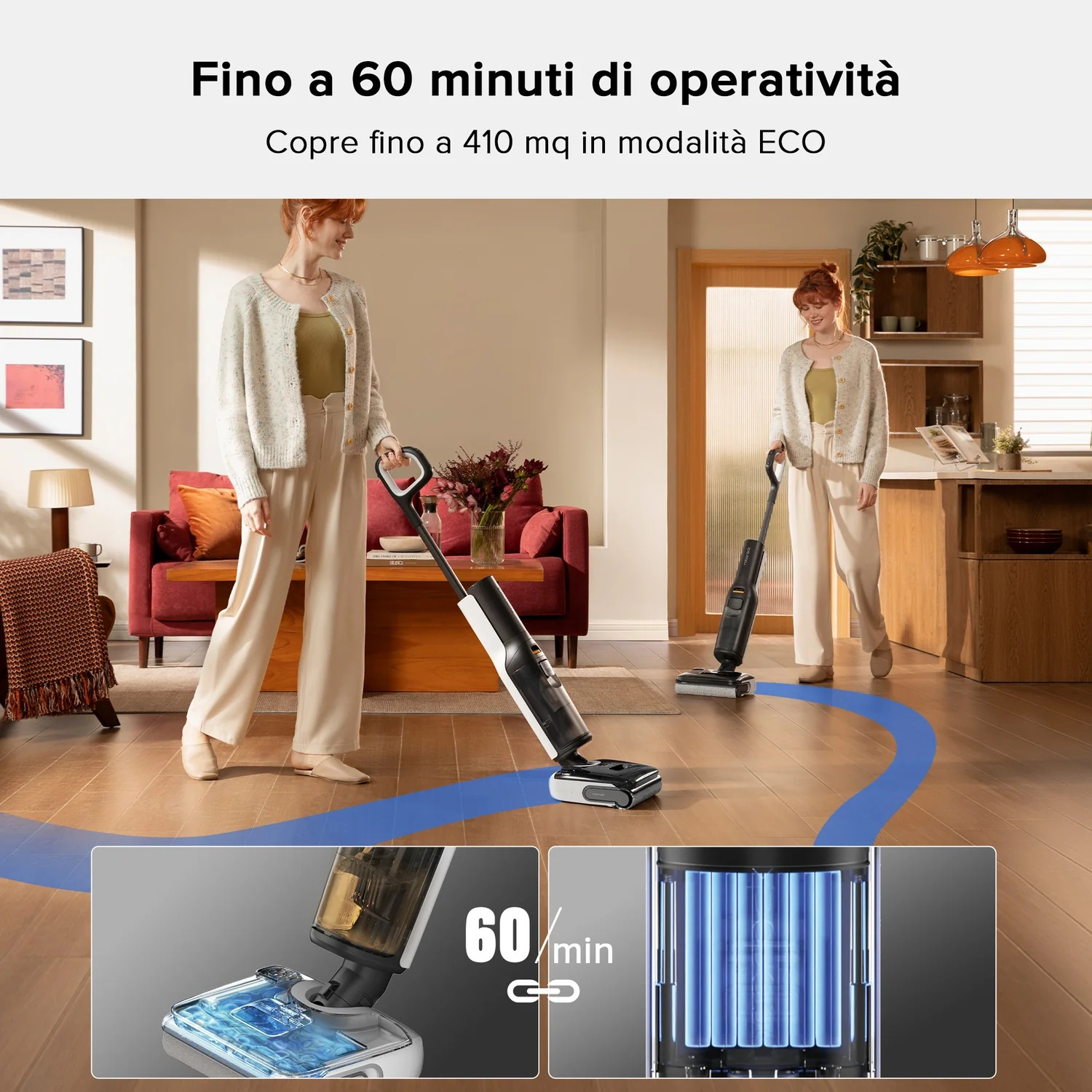 Donna pulisce pavimento in legno con aspirapolvere. Dettaglio batteria.