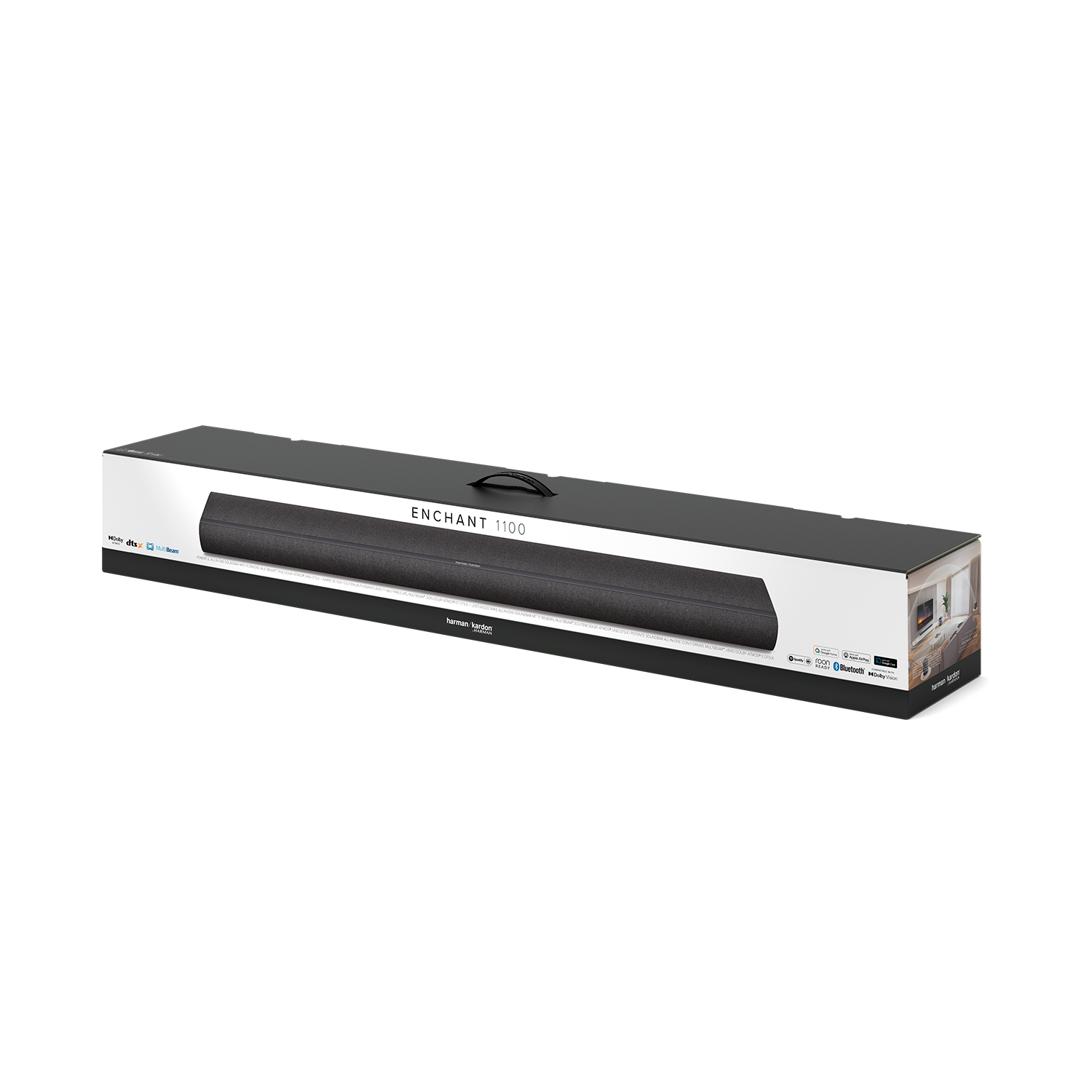 Caja de barra de sonido Harman Kardon Enchant 1100 con logos Dolby, DTS y Bluetooth.
