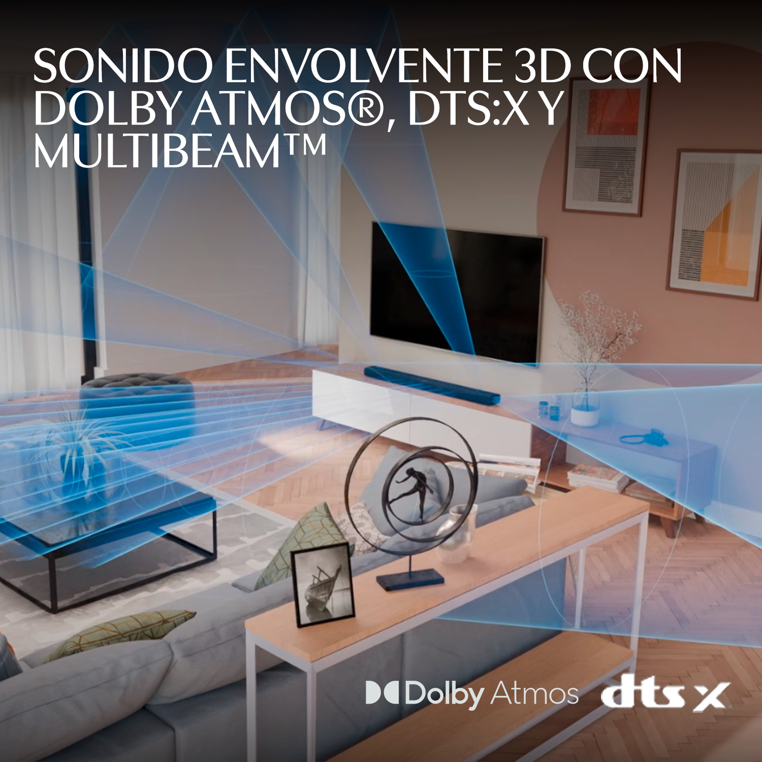 Sala de estar moderna con TV, sofá y logo Dolby Atmos/DTS:X.