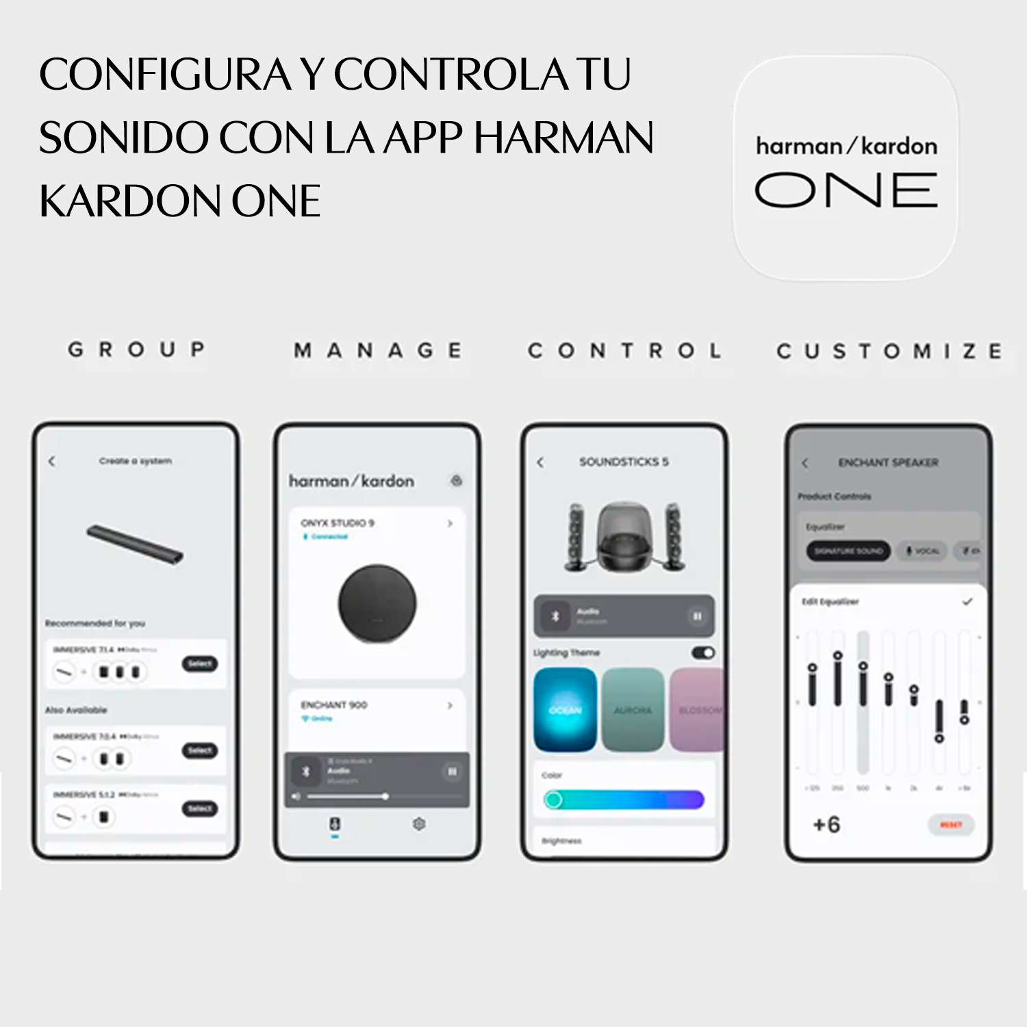 Capturas de pantalla de la app Harman Kardon muestran barra de sonido, altavoces y ecualizador.
