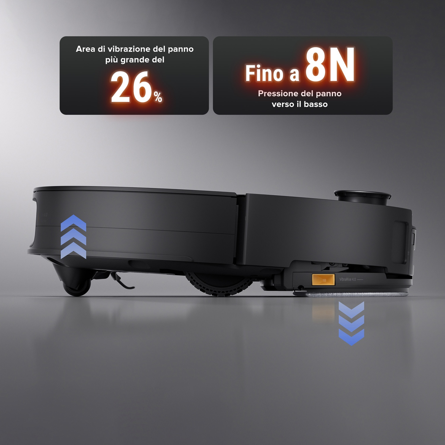 Robot aspirapolvere nero con area lavaggio 26% più grande e pressione 8N.