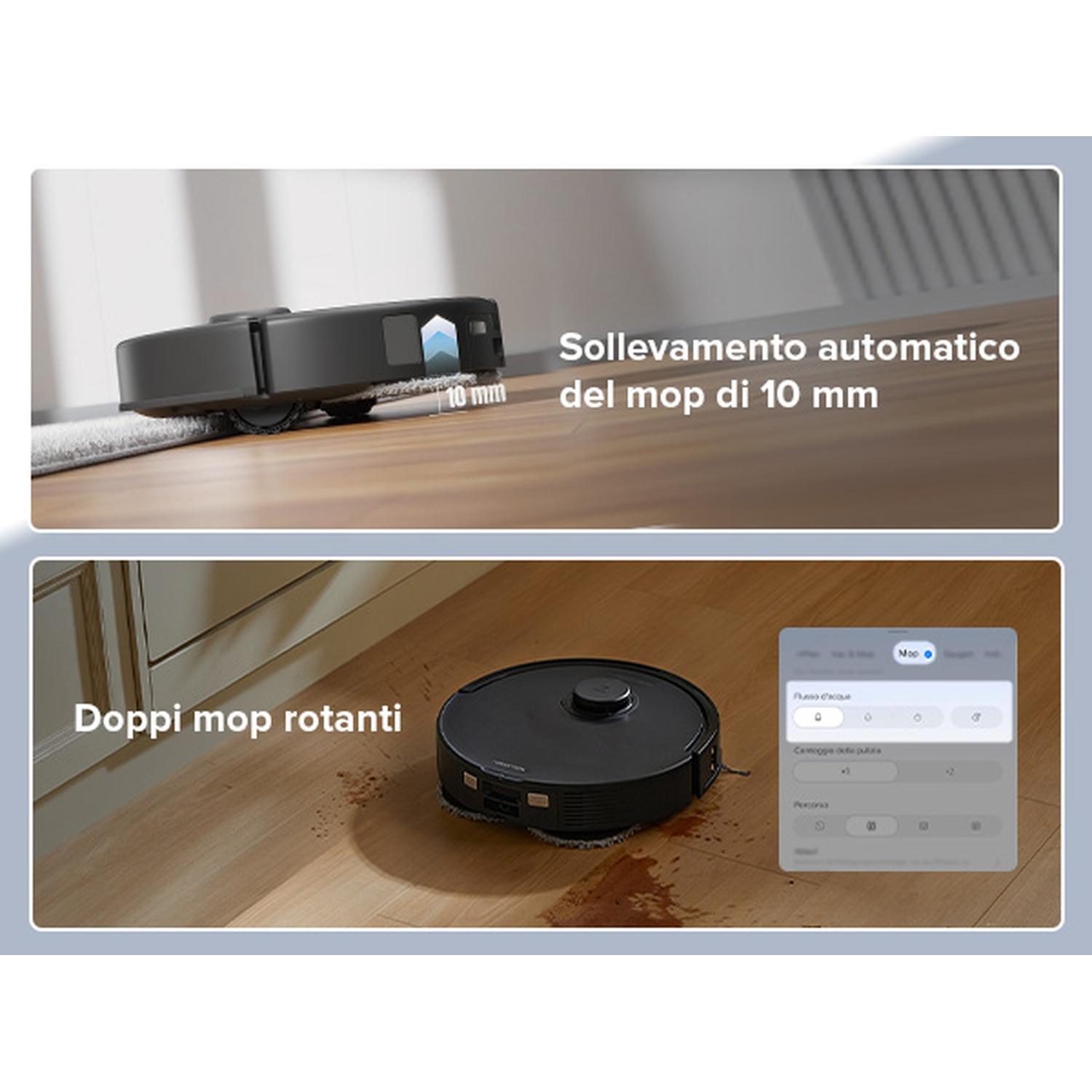 Un robot aspirapolvere con mop rotanti su un pavimento in legno.