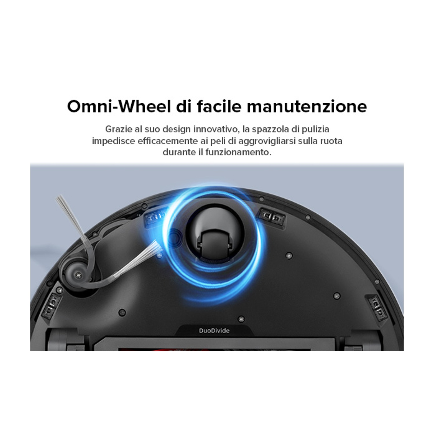 Particolare del fondo di un robot aspirapolvere con effetto luce blu.