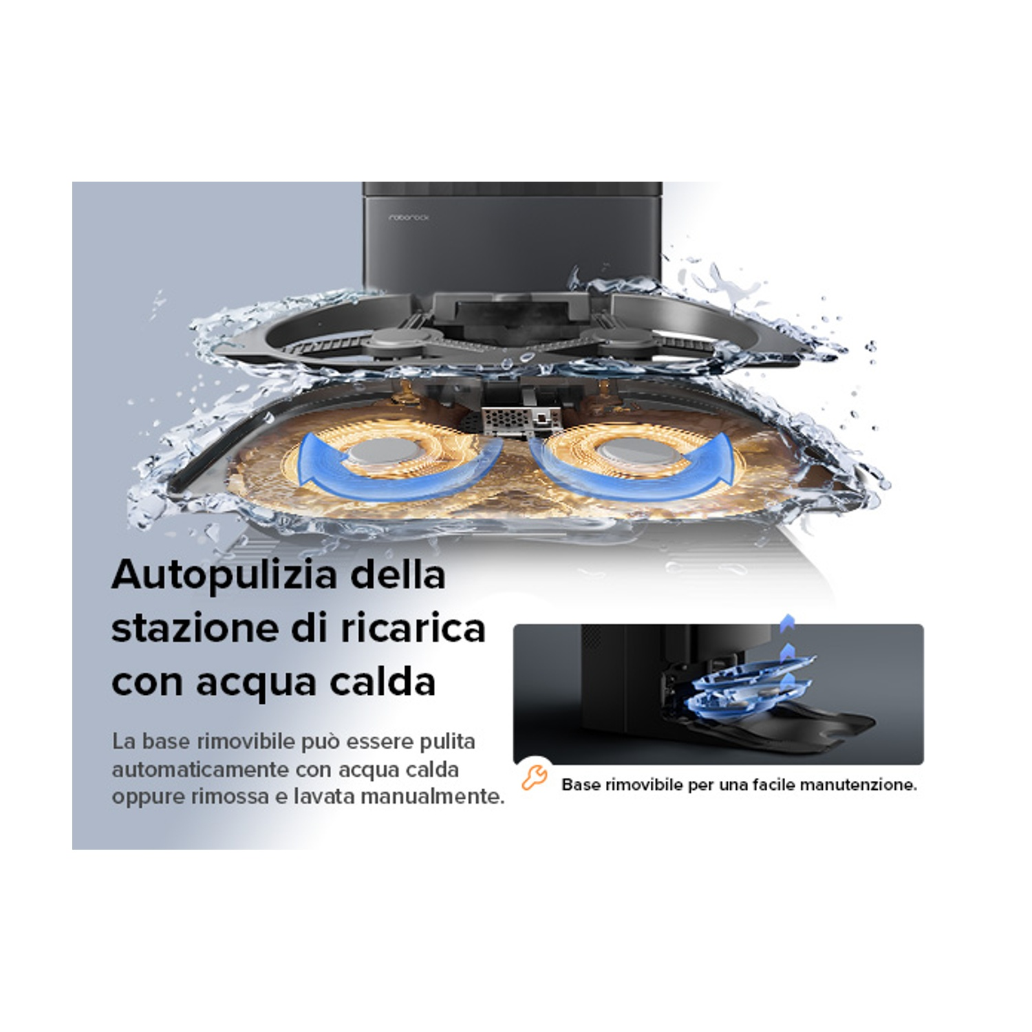 Stazione di ricarica robot aspirapolvere si pulisce con acqua calda.
