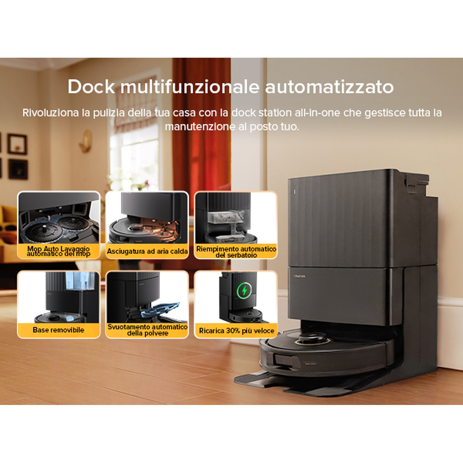 Dock multifunzionale automatizzato con robot pulitore e stazione di ricarica.