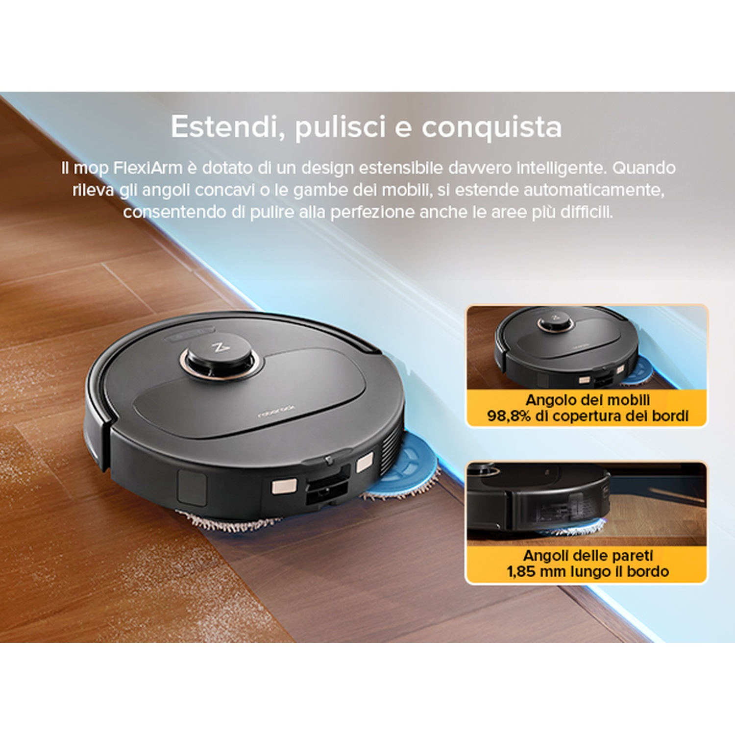 Un robot aspirapolvere nero pulisce un pavimento in legno, vicino ai bordi.