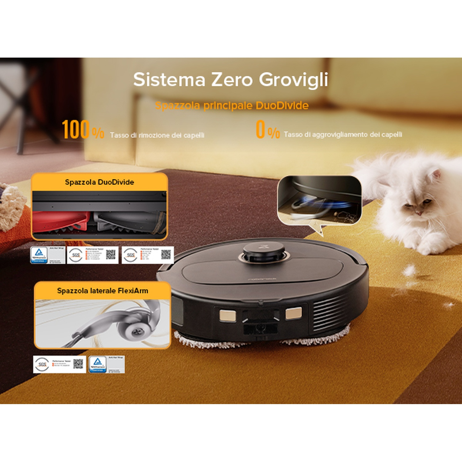 Un robot aspirapolvere nero pulisce un tappeto a strisce marroni e gialle.