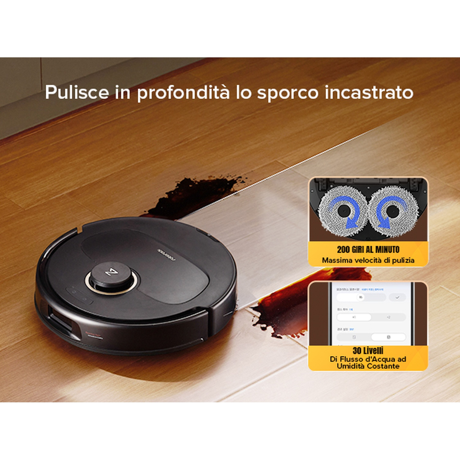 Un robot aspirapolvere nero pulisce sporco marrone su un pavimento in legno.