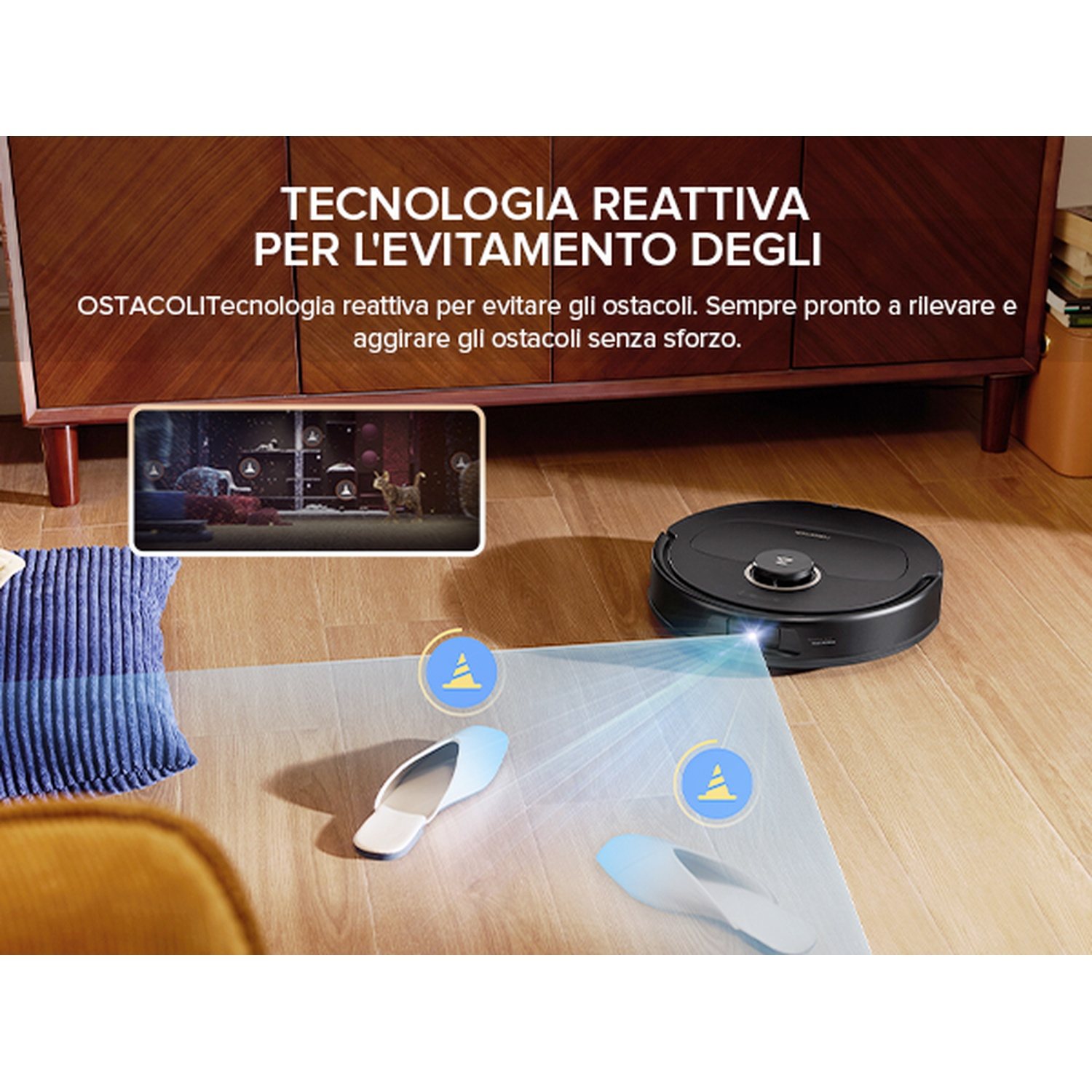 Un robot aspirapolvere nero naviga tra pantofole e ostacoli.