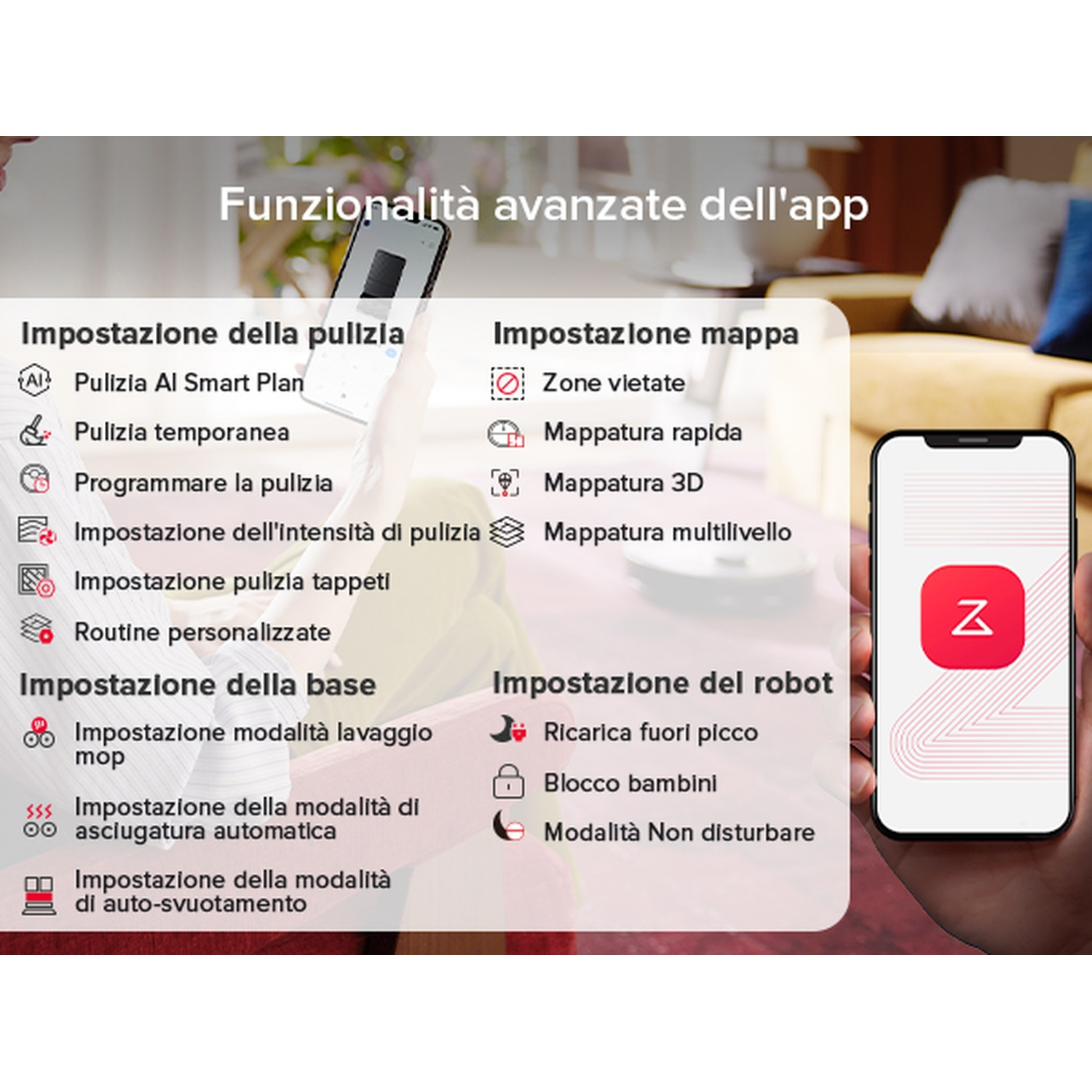 Screenshot di un'app che mostra opzioni di pulizia e mappatura per un robot.
