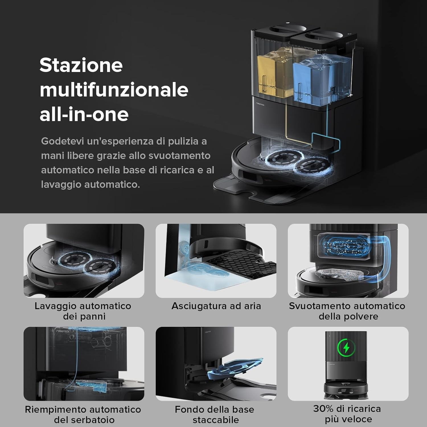 Stazione multifunzionale all-in-one con base per robot aspirapolvere.