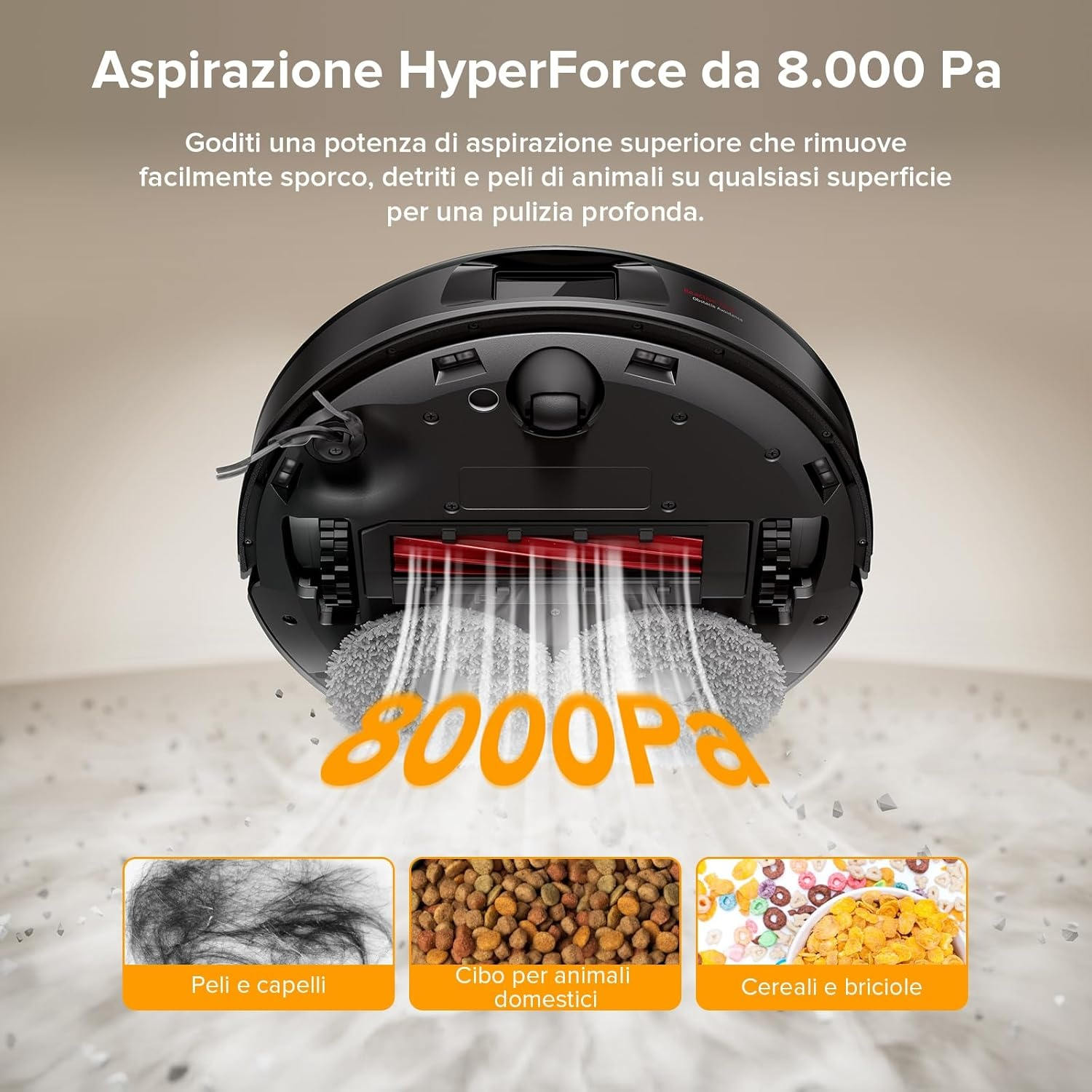 Robot aspirapolvere pulisce capelli, cibo per animali, cereali. 8000 Pa.