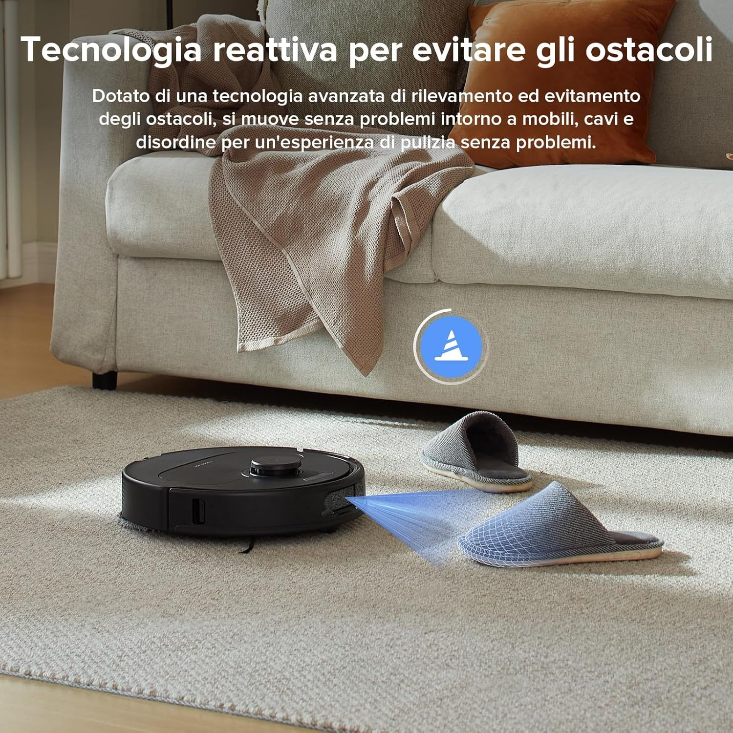 Un robot aspirapolvere nero naviga intorno a pantofole su un tappeto.