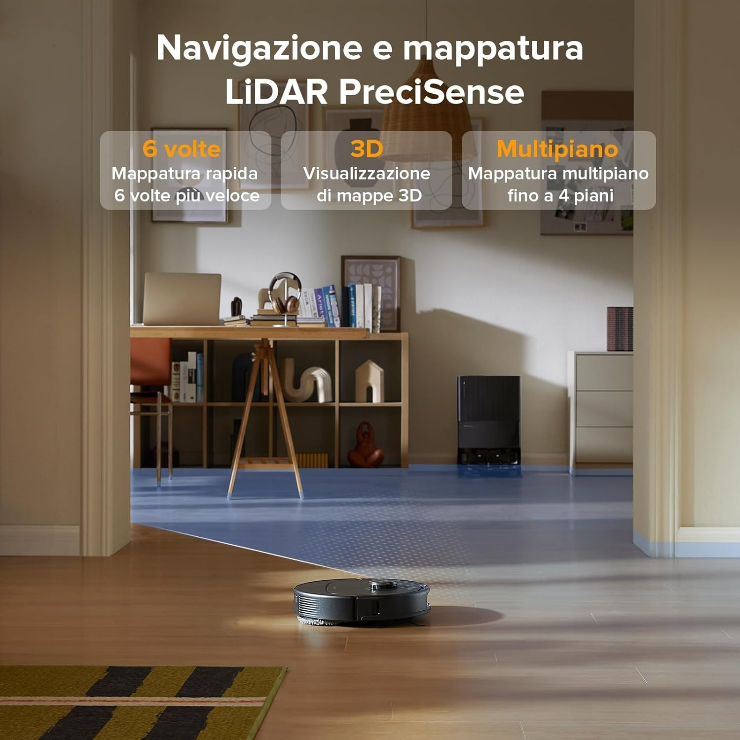 Un robot aspirapolvere su un pavimento in legno, davanti a una mensola e un'area blu.