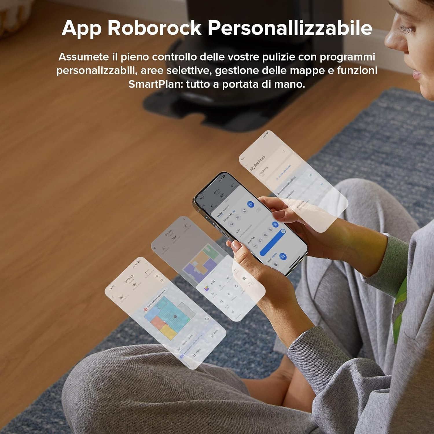 Una persona usa uno smartphone per controllare un'app di robot aspirapolvere. Vengono visualizzate più schermate dell'app.