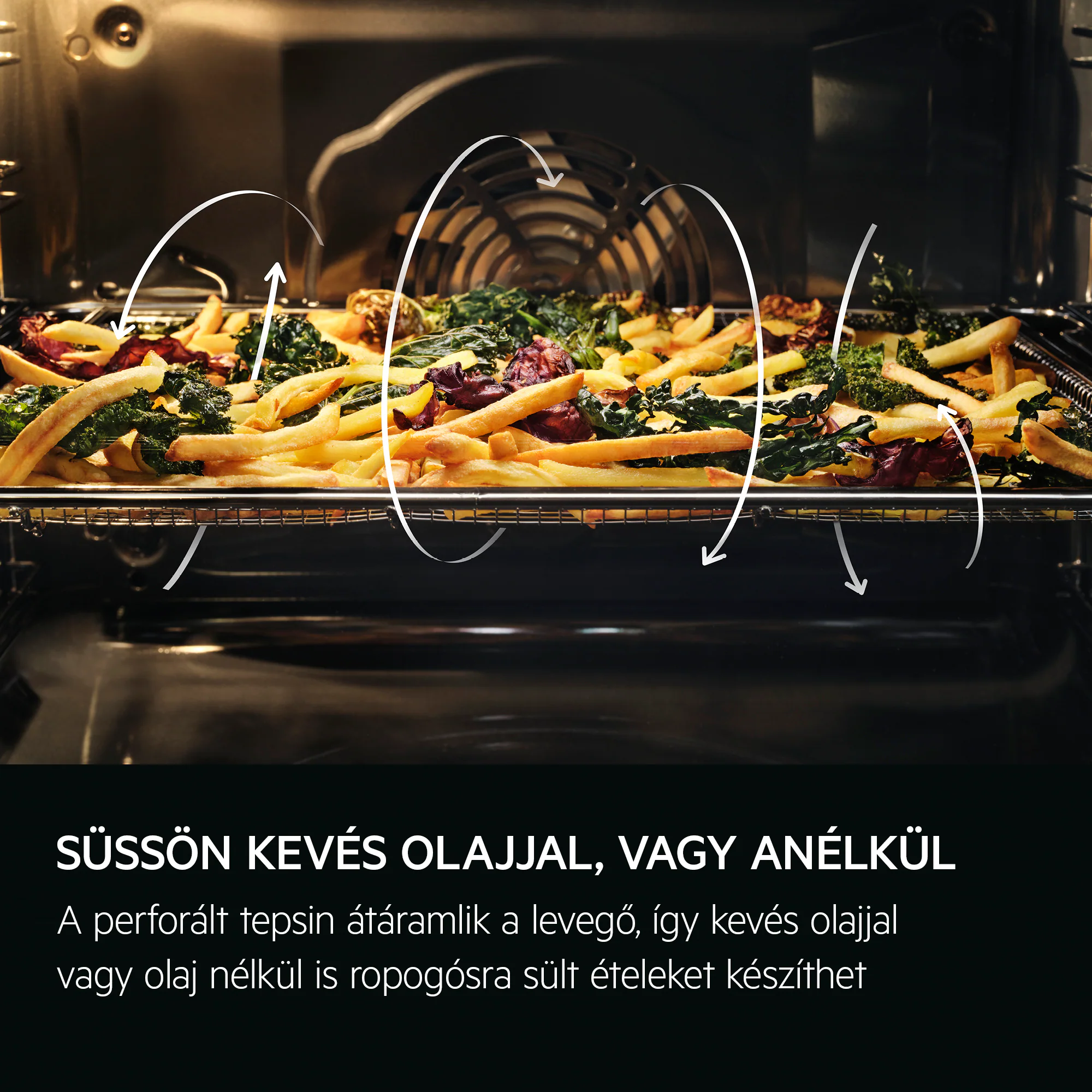 Sült krumpli és kelkáposzta egy tepsiben a sütőben, légáramlást jelző nyilakkal.
