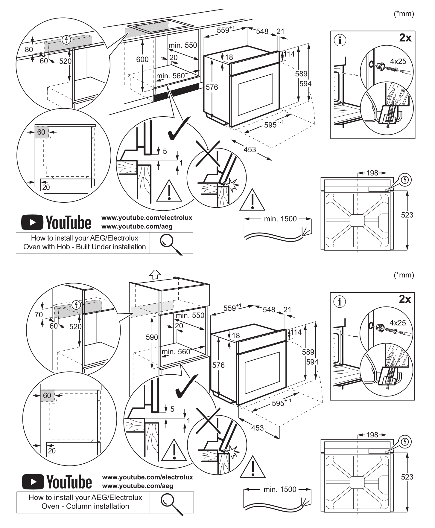 AEG/Electrolux sütő főzőlappal beépítési útmutató. Méretek mm-ben.
