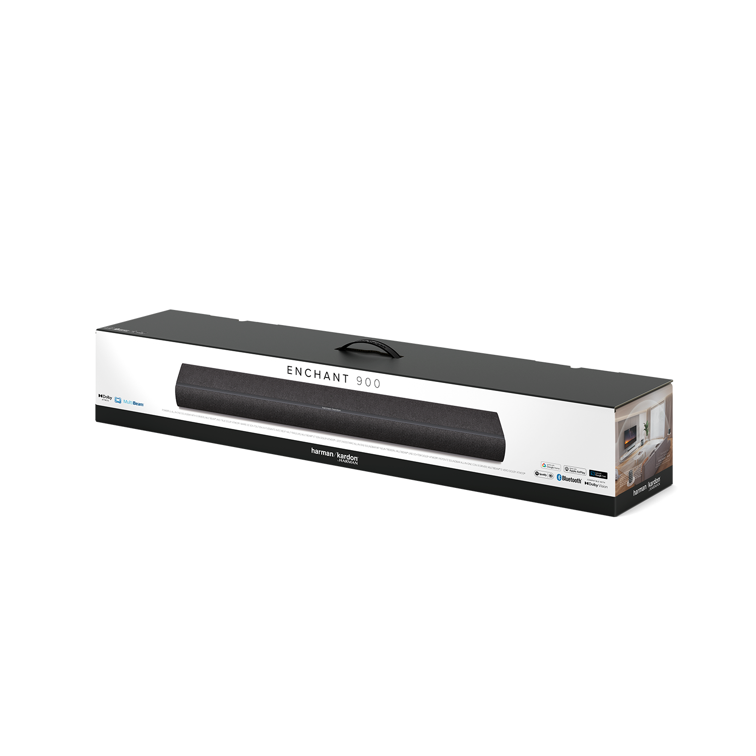 Barra de sonido Harman Kardon en su caja, con logotipos Dolby Atmos y MultiBeam.