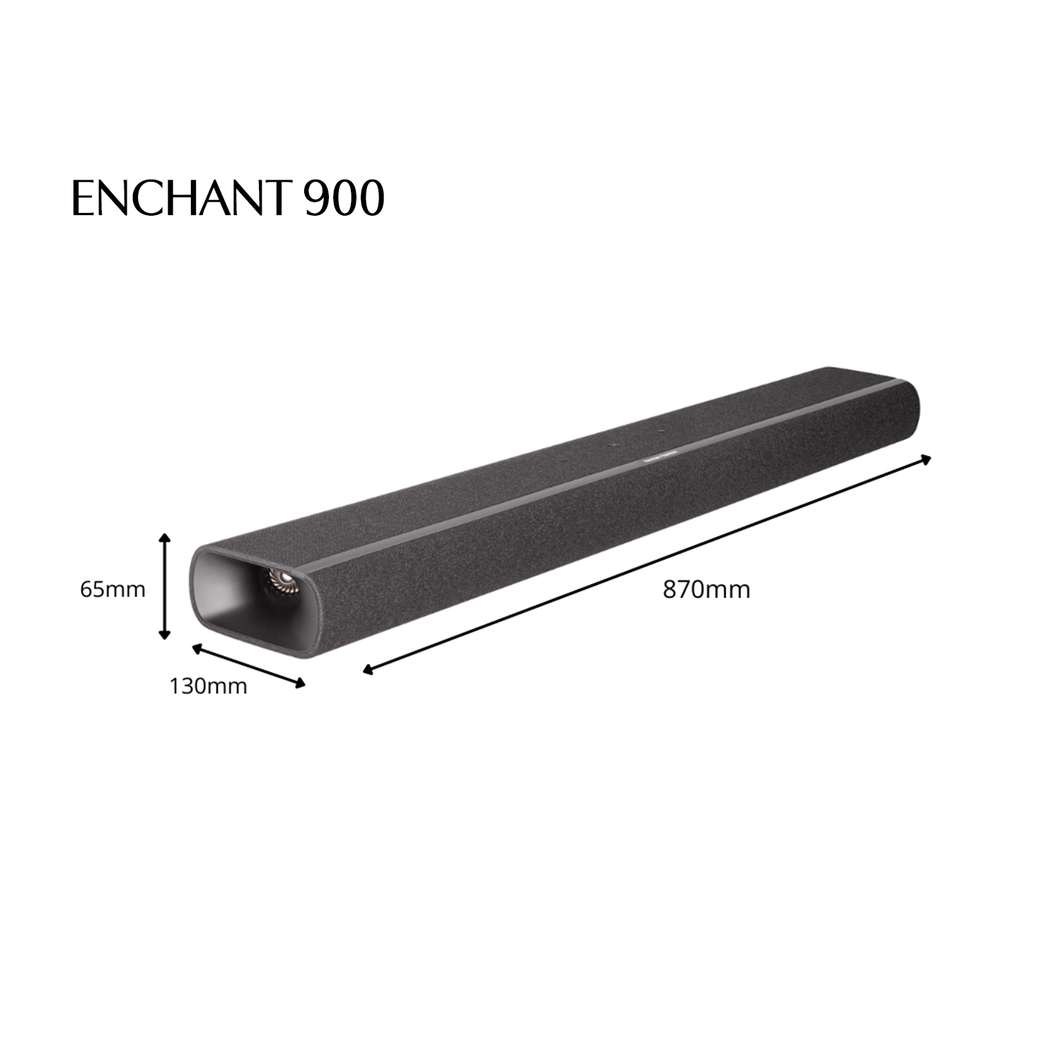 Barra de sonido negra de 870mm de largo, 65mm de alto, 130mm de profundo.