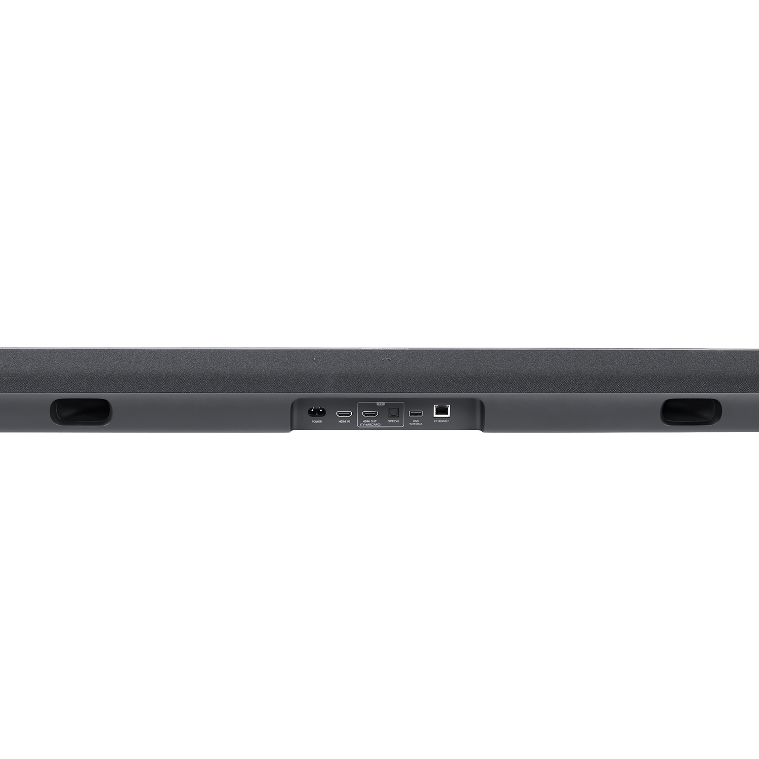 Parte trasera de una barra de sonido oscura con puertos: Alimentación, HDMI IN, Óptico, HDMI OUT, USB, Ethernet.