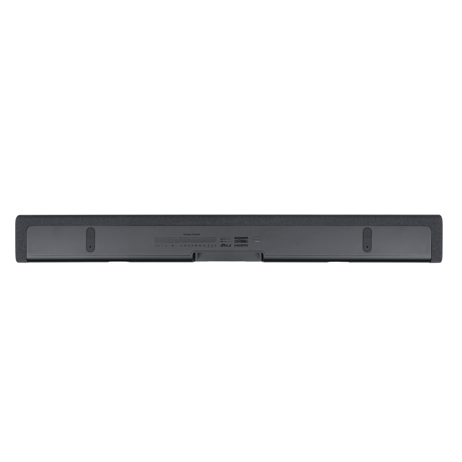 Parte trasera de una barra de sonido oscura que muestra puertos y logotipos como Harman Kardon.