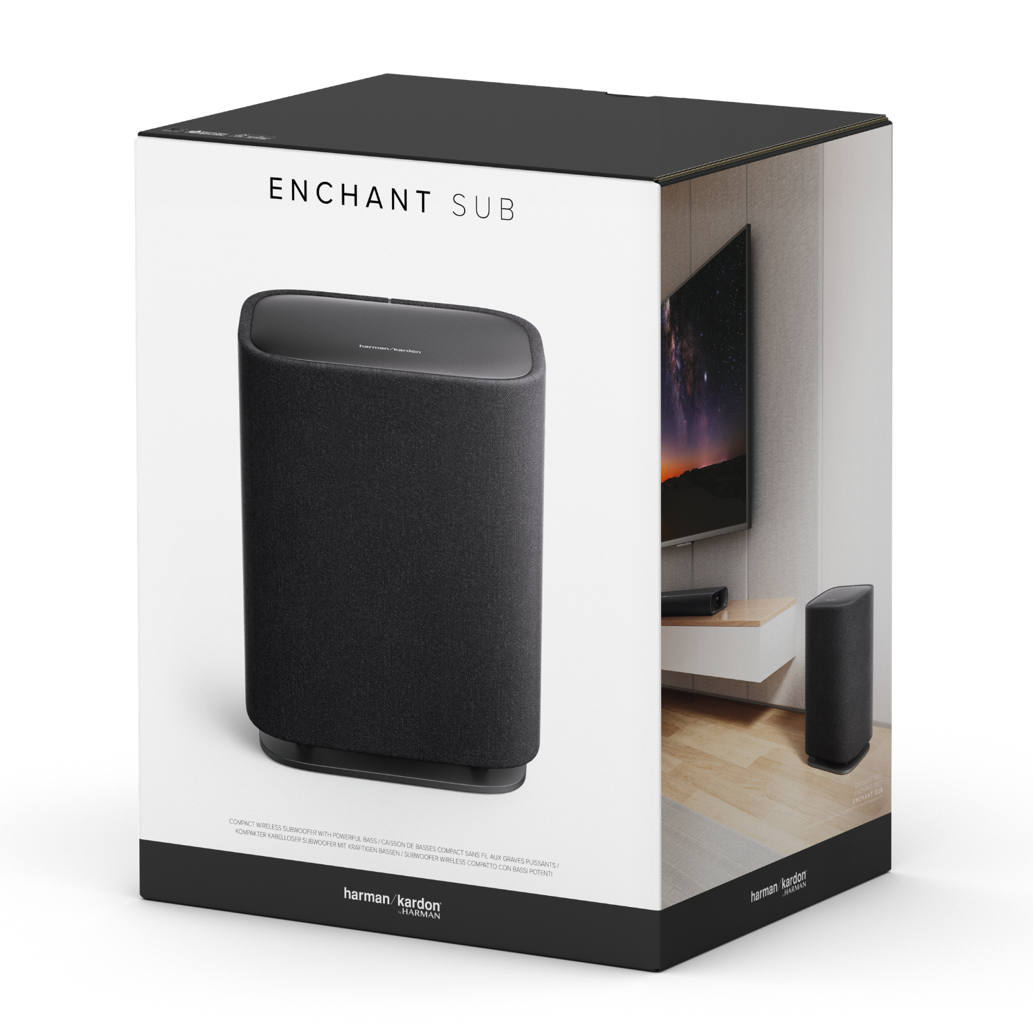 Un subwoofer Harman Kardon Enchant Sub negro en su embalaje. Se ve un televisor al costado.