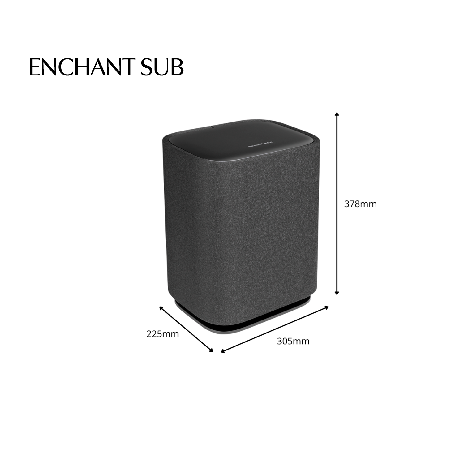 Subwoofer gris oscuro de tela, dimensiones 305x225x378mm, tapa negra.