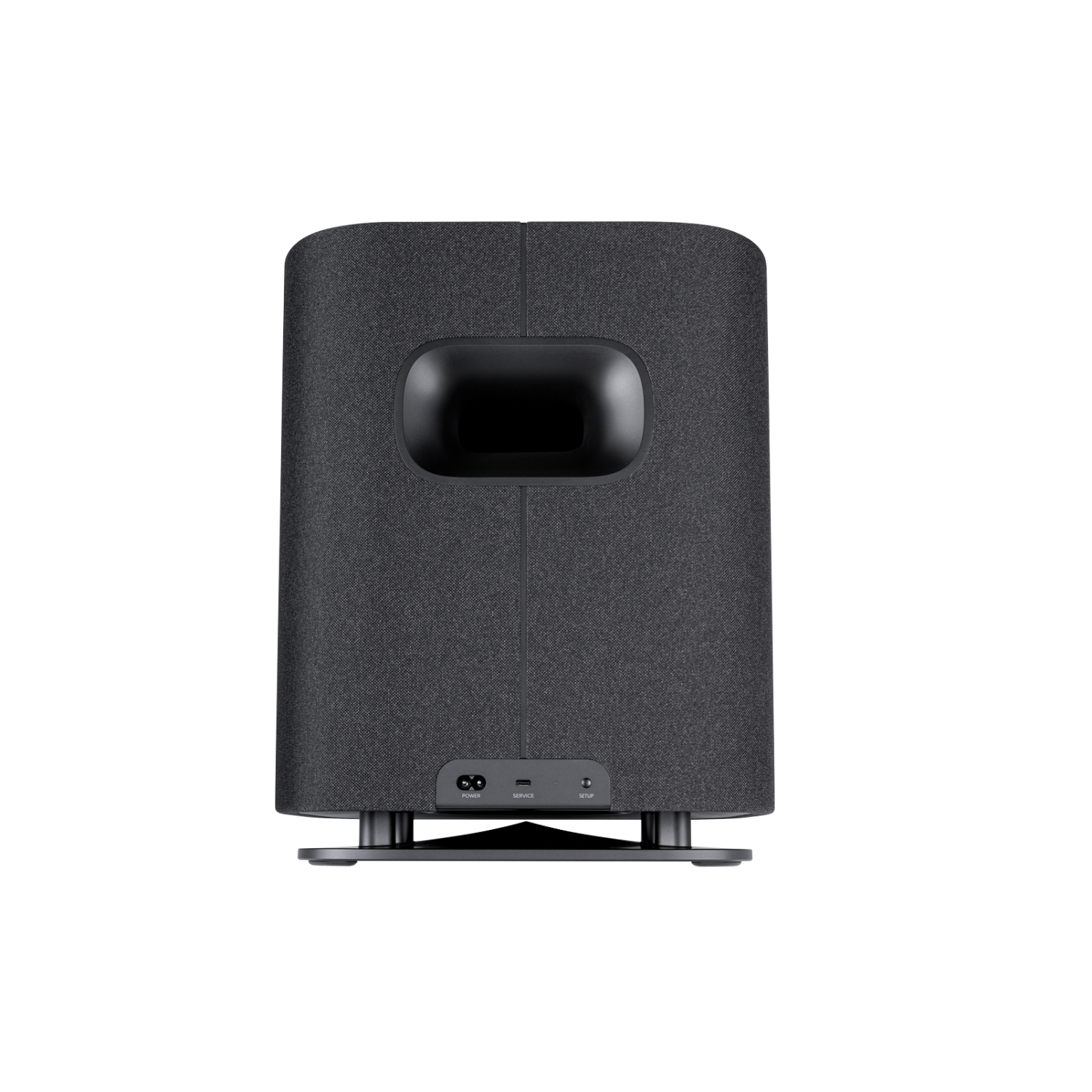 Subwoofer gris oscuro con puerto bass reflex negro y conexiones traseras.