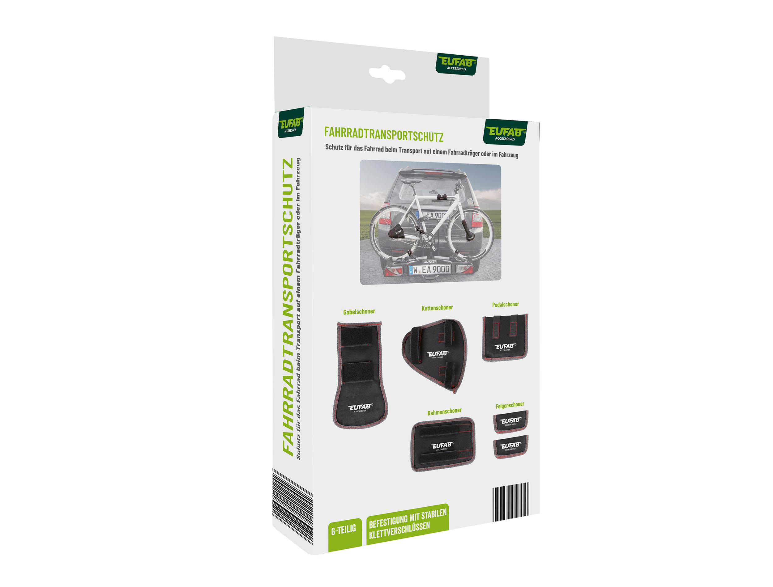 Verpackung für Fahrradtransportschutz mit Bild eines Fahrrads auf einem Träger.