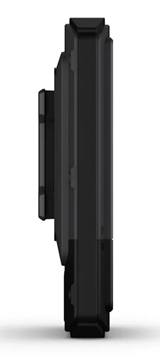 Widok z boku czarnego, prostokątnego urządzenia z zaokrąglonymi rogami na białym tle.