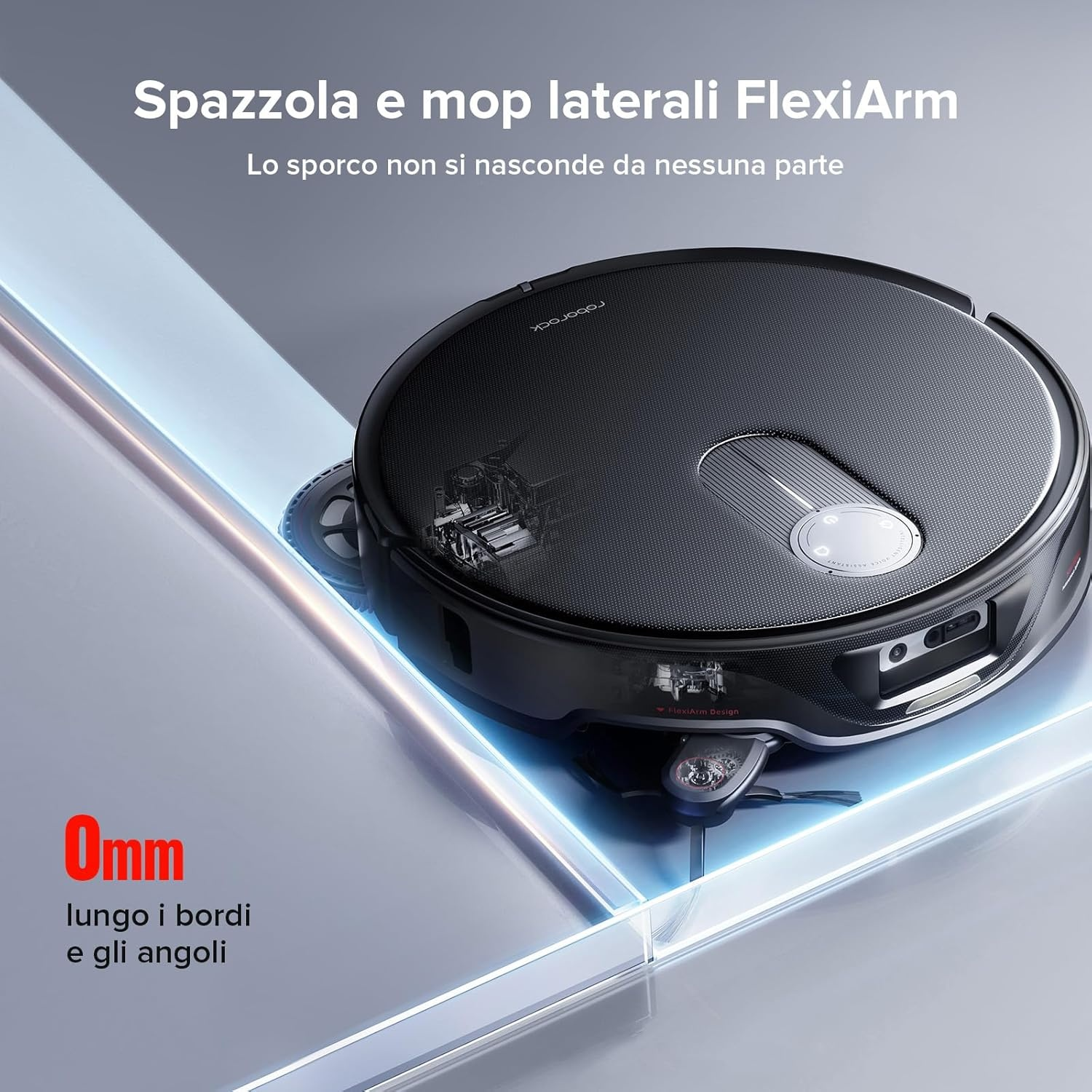 Un robot aspirapolvere nero con design FlexiArm pulisce bordi e angoli.