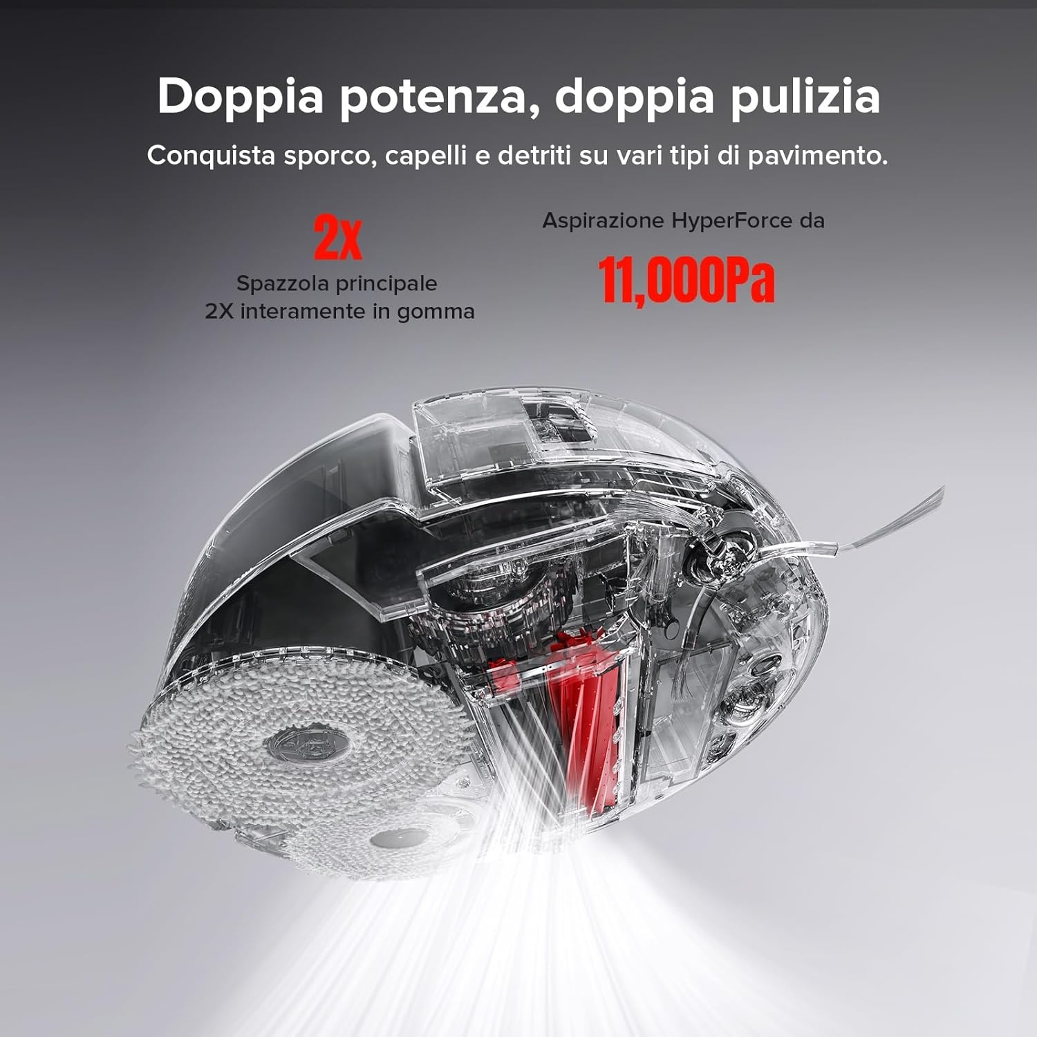 Doppia potenza, doppia pulizia: una testina aspirapolvere trasparente con rulli in gomma.