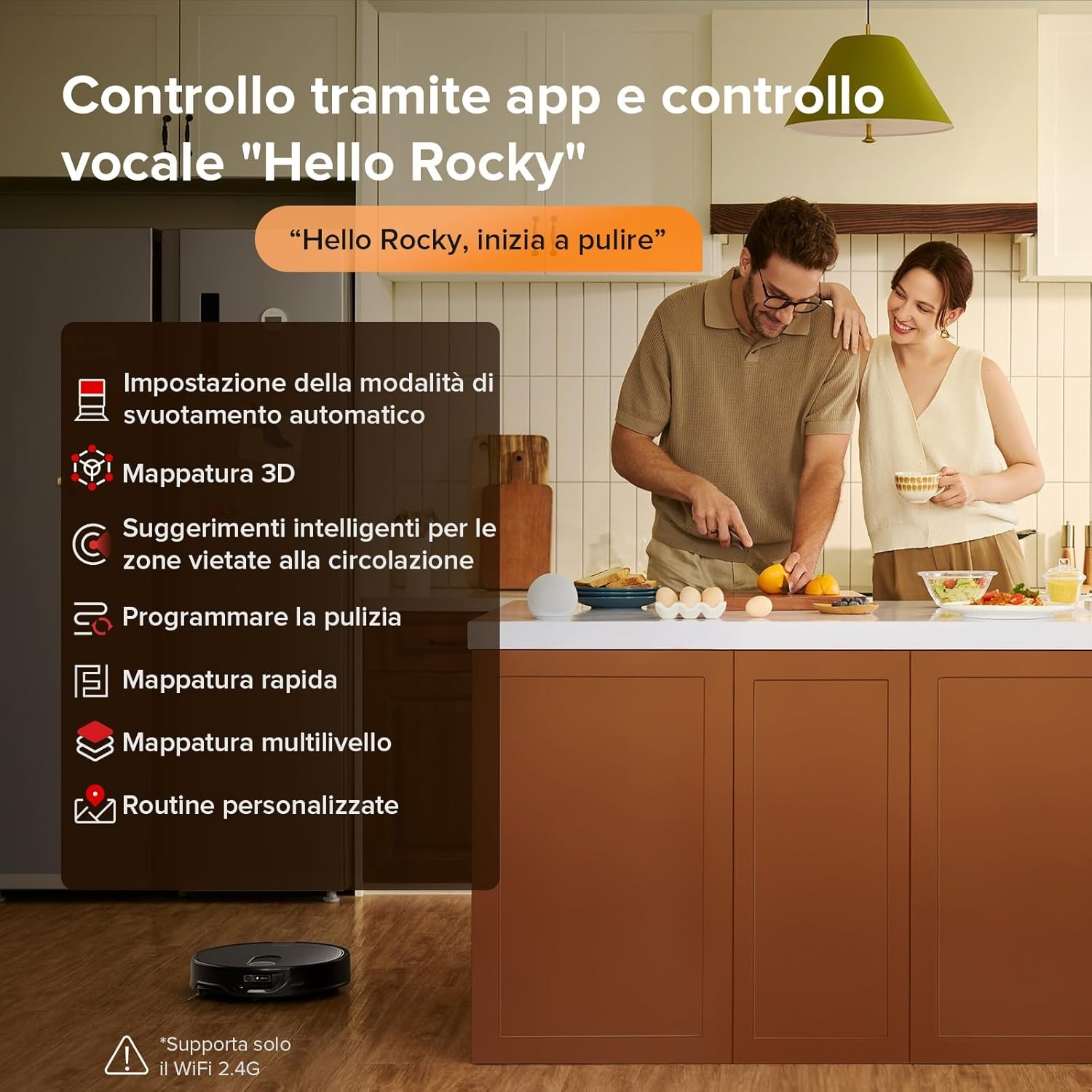 Una coppia in cucina, con un robot aspirapolvere in basso a sinistra.