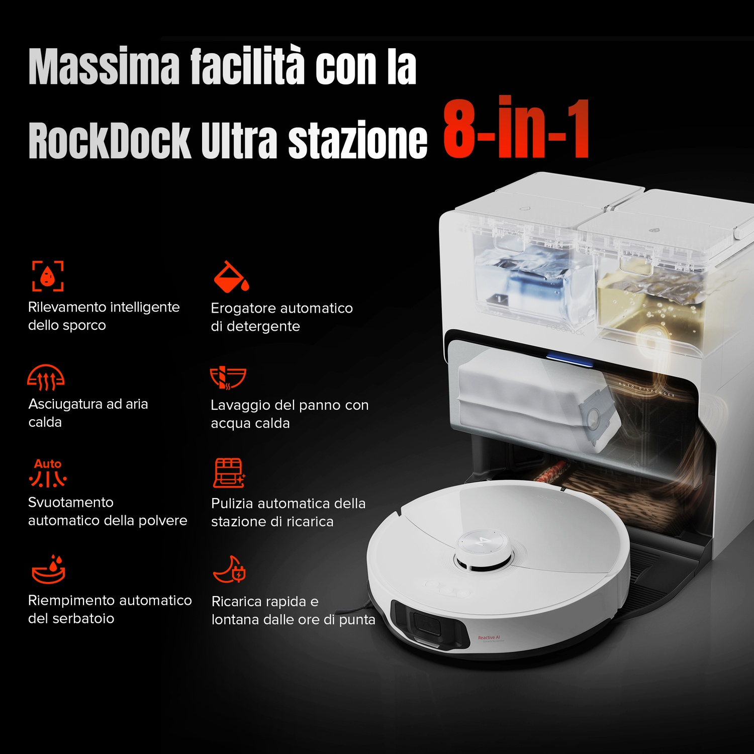 Un robot aspirapolvere bianco con una stazione di ricarica 8 in 1.