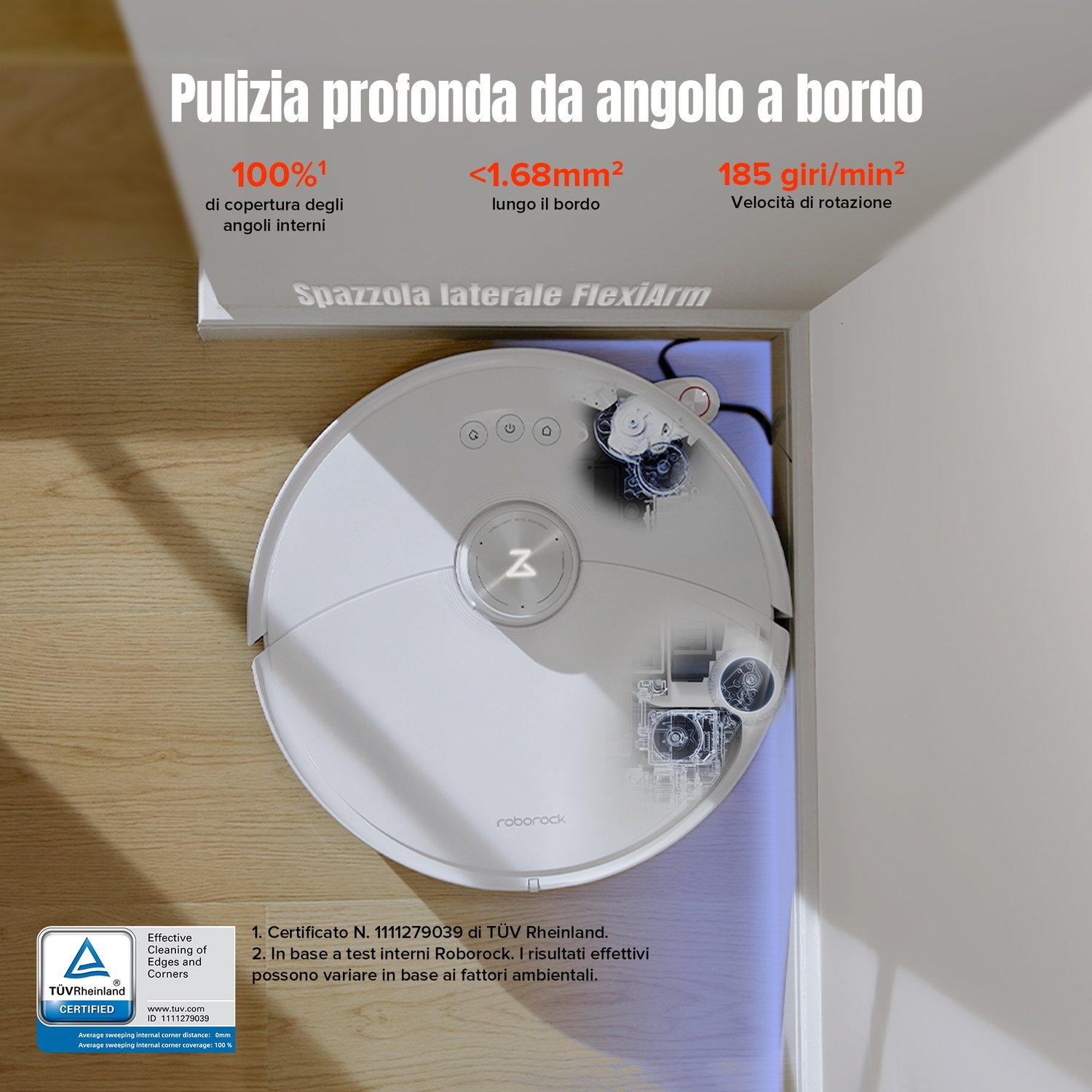 Un robot aspirapolvere bianco pulisce un angolo, con testo che ne dettaglia le prestazioni.