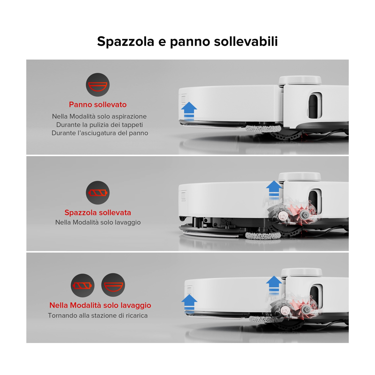 Aspirapolvere robot con modalità: mop sollevato, spazzola sollevata, solo lavaggio.