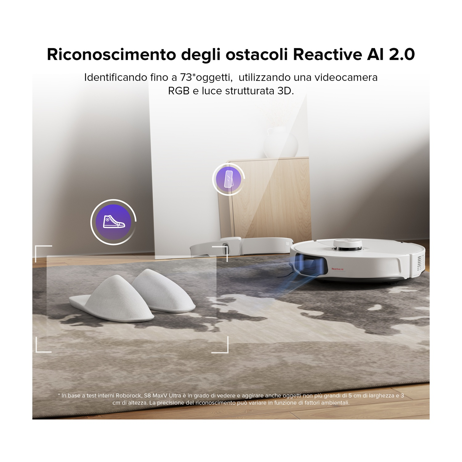 Un robot aspirapolvere bianco naviga su un tappeto, con due pantofole in primo piano.